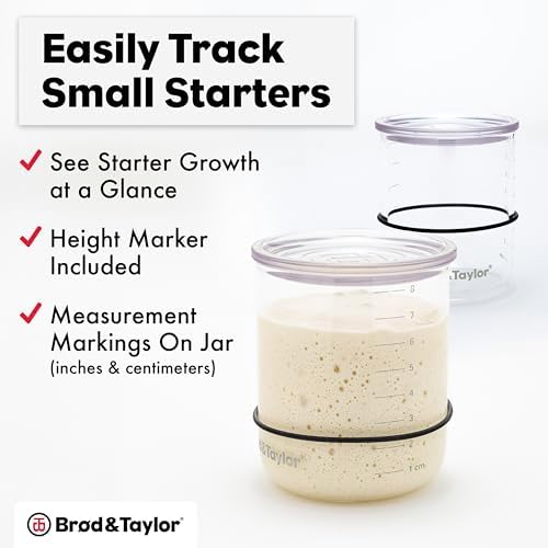 Brod & Taylor Small Sourdough Starter Jar (12oz) Less Discard Waste, 100% Dishwasher Safe, Measurement Markings, and Height Marker (Durable Glass Jar, BPA-Free)