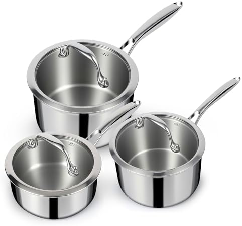 EWFEN 3 Ply Stainless Steel Sauce Pan Set with Lids, 1 & 2 & 3 Quart Multipurpose Cooking Pot, Stay-Cool Handle, Induction Oven Dishwasher Safe, 1QT & 2QT & 3QT
