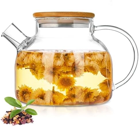 JOUALY Glass Teapot 34oz/1000ml, Stovetop & Microwave Safe Borosilicate Tea Pot,Clear Teapot with Strainer, Glass Tea Kettle with Wooden Lid for Loose Leaf、Fruit Tea and Fragrant Tea