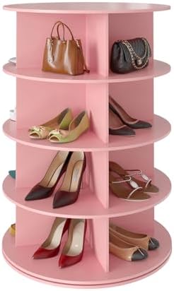 SpaceAid 4 Tier Rotating Shoe Rack Tower, Spinning Shoe Display Lazy Susan, Revolving 360 Shoe Rack Storage Round Carousel, Vertical Handbag Rotate Shoes Closet Organization (4-Tier Pink)