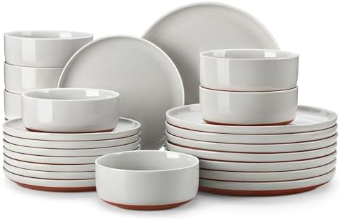 MALACASA Plates and Bowls Sets, 24 Pieces Modern Ceramic Dinnerware Set for 8 Kitchen Dinner Set Stoneware Dishware Dishes Set Microwave and Dishwasher Safe, Grey, Series TARA