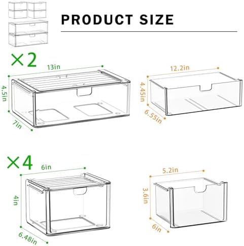 caktraie 6-Pack Acrylic Stackable Storage Drawers for Vanity, Desk, Bath