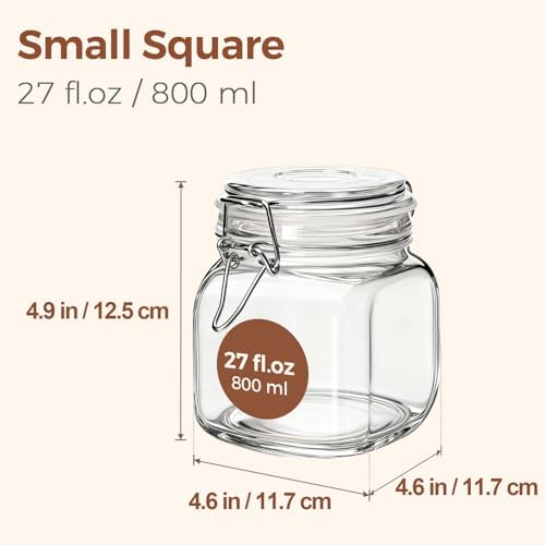ComSaf Square Glass Pickling Jars 27 oz 6 Pack with Airtight Lids Pantry