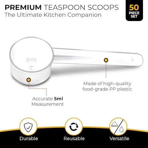 50 Pack Teaspoon Measuring Spoons, 1 Tsp (5 mL) Plastic Creatine Scoops