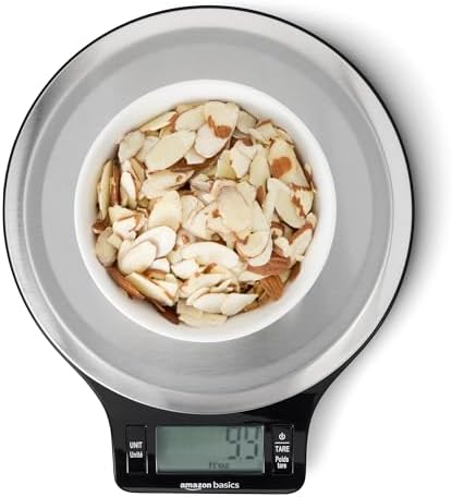 Amazon Basics Digital Kitchen Scale with LCD Display, Tare Function, Multiple Units, Weighs up to 11 Pounds, Batteries Included, Black and Stainless Steel