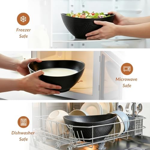 Homienly Wheat Straw Bowls Set of 6, 60 OZ Salad Bowl Large Capacity for Soup, Popcorn - Unbreakable Serving Bowl - Microwave & Dishwasher Safe Bowl, Alternative for Plastic Bowls for Kitchen - Black