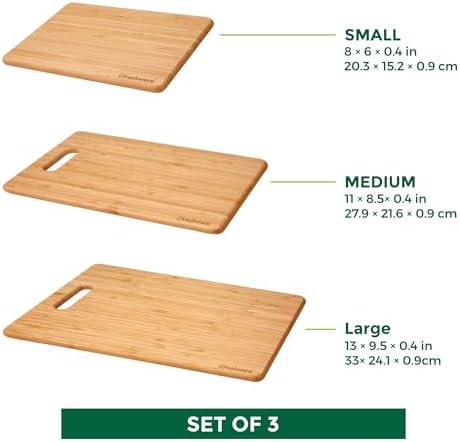 Freshware Bamboo Cutting Board Set of 3, Wooden Cutting Boards for Kitchen, Knife Friendly Food Grade Chopping Board, Lightweight with Hanging Hole for Easy Storage