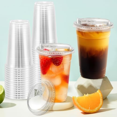 BYSNOW 50 Pack 20 oz Clear Plastic Cups with Sip Lids, Iced Coffee Cups