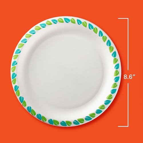 Hefty Compostable Paper Plates, 8.6 Inches, 30 Count, Patterned Disposable Plates for BBQs, Parties, Holidays, Potlucks, and Everyday, Soak-Resistant, Made with Plant-Based Materials, Microwave Safe