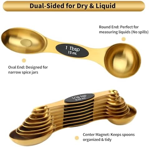 Gold Magnetic Measuring Spoons Set Stainless Steel with Leveler, Dual-Sided Stackable Metal Measuring Spoons for Baking & Cooking, Fits in Spice Jars, Heavy Duty Kitchen Gadgets, 8 Spoons & 1 Leveler
