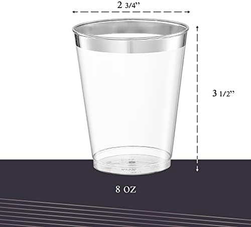 PLASTICPRO Disposable 8 oz Crystal Clear Plastic Tumblers With Silver Rim for Party's & Weddings pack of 50