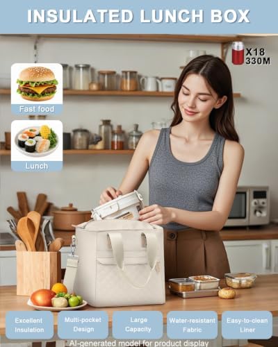 Capolo Lunch Bag for Women,Small Insulated Lunchbox Tote Reusable,M-White