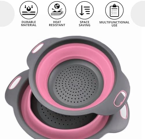 Pink Round Silicone Colander Collapsible – Foldable Kitchen Strainer Small Collapsible Colander Pink with Plastic Handles for Draining Vegetable and Fruit Round Silicone Kitchen Strainer for Pasta