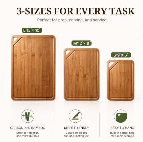 GASHELL Bamboo Cutting Board Set with Beeswax Coating for Kitchen(S+M+L)