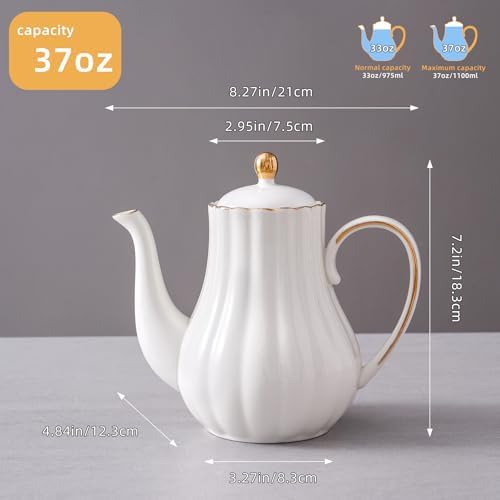 Agyiuns Tea Pot, Porcelain Teapot 37oz，tea pots for tea party，Tea Infuser Pots for Blooming loose Leaf Tea(White)