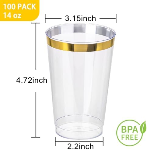 I00000 100 Pack 14 oz Gold Plastic Cups, Gold Disposable Cups Tumblers, Disposable Plastic Wine Glasses Cocktail Glasses Perfect for Party & Wedding
