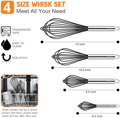 HOTEC 4 Pieces Silicone Whisks Set, Wire Balloon Whisks for cooking Egg Beater, Non-slip Handle Whisk for Non-stick Cookware Perfect for Cooking, Stirring, Beating and Blending,Black
