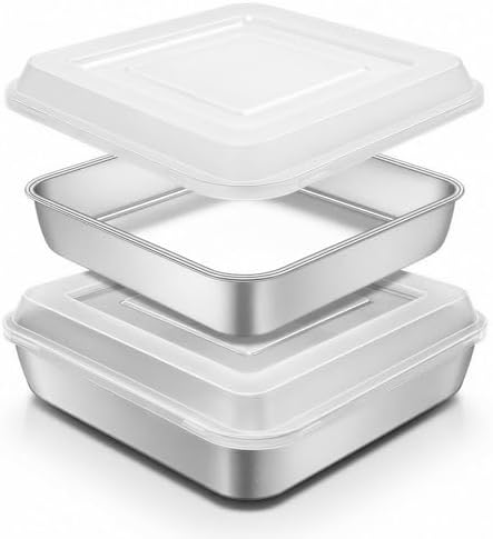 Stainless Steel Baking Pan with Lid, 8 x 8 x 2 Inch Deep Square Cake Pan with Cover, Non-toxic&Healthy Bakeware Set of 2, Easy Clean, Dishwasher & Oven Safe, for Cakes, Brownies(2Pans+2Lids)
