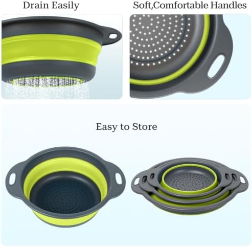 Green Collapsible Colander Set - 3 Pack Kitchen Silicone Strainers