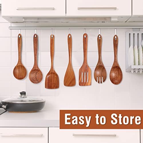Mooues Wooden Kitchen Utensil Set, 9 Piece Natural Teak with Spoon Rest