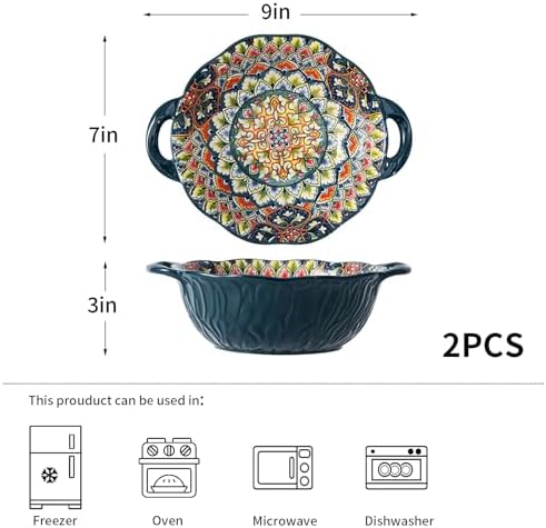 2 Pack Boho Ceramic Serving Bowls with Handles, 40 Oz Porcelain Salad Bowls, Large Serving Dishes for Entertaining, Mixing Bowls for Soup, Stew, Pasta, Cereal, Colorful Embossed Cute Bowls Set BLDS