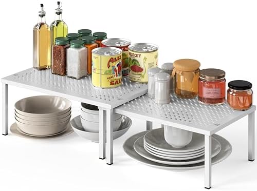 Simple Houseware Expandable Stackable Kitchen Counter Shelf Organizer, White, Metal Top, 11.25"L x 7.9"W x 5.4"H