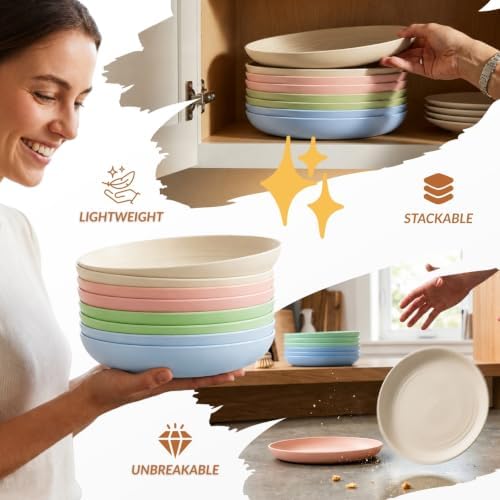 Homienly Deep Dinner Plates Set of 8 Unbreakable Wheat Straw Plates Plastic Reusable Plates for Kitchen, Picnic, RV, Dishwasher and Microwave Safe Plates for Salad, Dessert (Fresh Light, 9 inch)