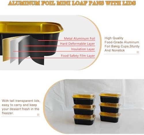 mini loaf pans with lids and spoons 50 Pack,5.5 oz Rectangle mini individual cake tins Disposable Small Aluminum Foil Baking pans (50, Black)