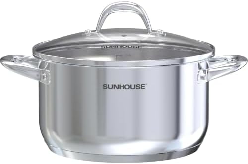 Sunhouse: Stainless Steel Stock Pot - 8 Quart - Tempered Glass Lid, 3-Ply Bottom, Soup-Pasta-Food, Boil-Simmer, All Cooktops, Dishwasher & Oven Safe