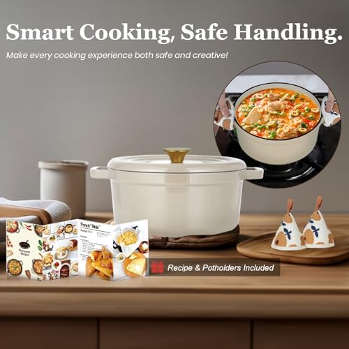 Overmont Enameled Cast Iron Dutch Oven - 5QT Pot with Lid Recipe Potholders