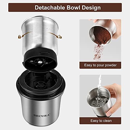 Secura Electric Coffee Grinder and Spice Grinder with Stainless Steel Blades, 1 Removable Bowl, Stainless (Pack of 4)