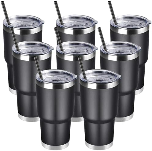 DOMICARE 30oz Tumbler Bulk with Lid and Straw, Double Wall Travel Coffee Mug, Insulated Vacuum Stainless Steel Tumblers, Powder Coated Tumbler Cup (Black, 8)