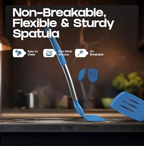 BakeRoyal Silicone Spatula Set - Turner Spatulas Silicone Heat Resistant 600°F - Slotted & Solid Spatula for Cooking Fish, Eggs, Pancakes Flipper – Spatulas for kitchen use – Blue