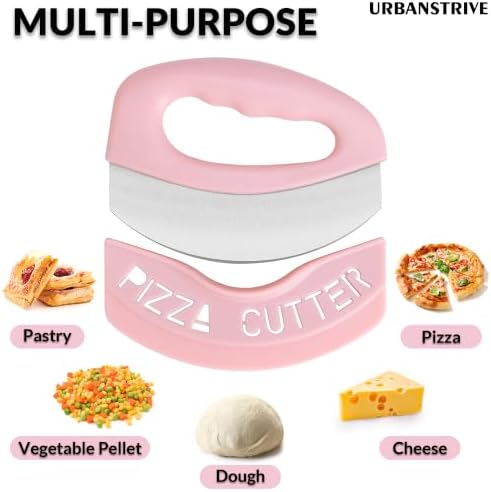 Urbanstrive Heavy Duty Stainless Steel Pizza Cutter with Cover, Super Sharp Blade Pizza Knife Pizza Cutter Rocker, Perfect Kitchen Gadgets for Pizza Cutting Home Essentials (Pink)