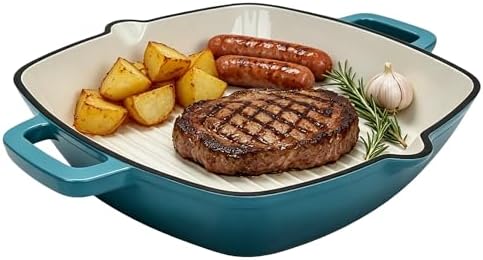 Enameled Cast Iron Square Grill Pan (Peacock Blue, 10 inch)