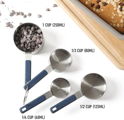 Calphalon Prime Measuring Cups, Kitchen Measurement Cup, 4-Piece Stainless Steel Kitchen Measuring Cup with Navy Silicone Handle Accurate, Durable for Dry and Liquid Ingredients