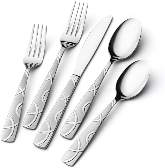 HIKAA 36PCS Stainless Steel Silverware Set with Steak Knives, Modern Flatware Set for Kitchen, Mirror Polished Cutlery Set with Forks, Spoons and Knives，Dishwasher Safe