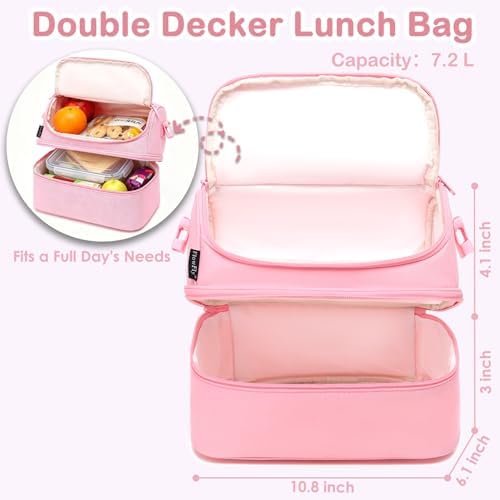 FlowFly Double Decker Cooler Insulated Lunch Bag Large Tote for Boys, Girls, Men, Women, With Adjustable Strap,Pink