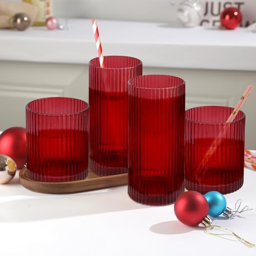 Ribbed Drinking Glasses 8pcs, 12oz and 10oz Glassware, Tumbler Glasses Cup Set for Wedding, Party, Christmas Gift, Red