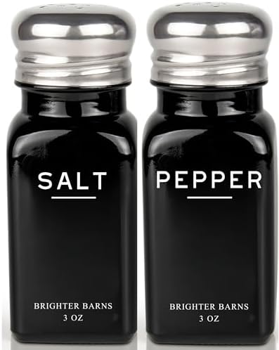 Black Salt and Pepper Shakers Set by Brighter Barns - Modern Glass Salt Shaker with Stainless Steel Lids - Neutral Kitchen Decor and Accessories for Minimalist Home, Restaurant, Dining Room (Black)