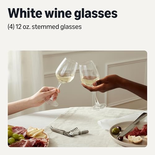Amazon Basics Stemmed White Wine Glasses Set Of 4, 12 Oz Clear Glass, Classic Design for Everyday Dining, Weddings & Parties, Dishwasher-Safe