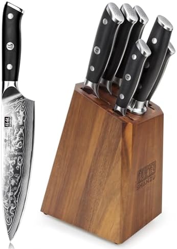 SHAN ZU Damascus Kitchen Knife Set, 7 Pcs Professional Knife Sets for Chefs