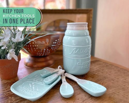 Comfify Aqua Blue Mason Jar Measuring Set – 4 Cups, 4 Spoons, Spoon Rest