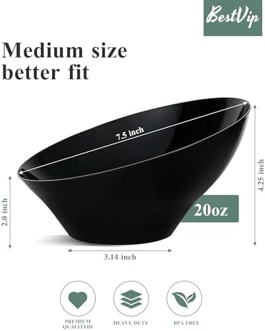 BESTVIP 20 Oz Black Plastic Angled Serving Bowls, 12 Pack