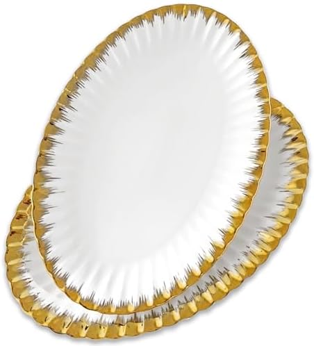 Serving Platters, Ceramic Oval Serving Platters,12 Inch Serving Dishes/Trays for Party Entertaining, Porcelain White Dinner Plates with Gold Trim for Sandwich, Appetizer, Fruit, Desserts, Set of 2