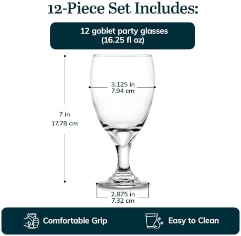 Libbey Classic Glass Goblets Set of 12, Stemmed Water & Tea Glasses