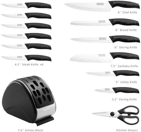 RAXCO 15-Piece Kitchen Knife Set with Sharpener, Black