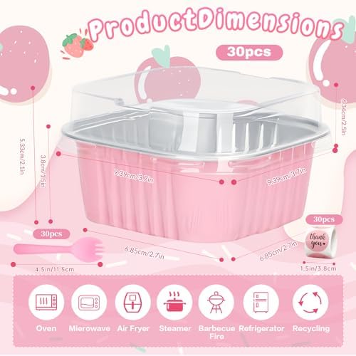 30Pack 5oz Pink Mini Cake Pans with Lids and Spoons Baking Cups Aluminum Foil Pans Tins, Individual Dessert Cups Containers for Sales,Party,Picnics