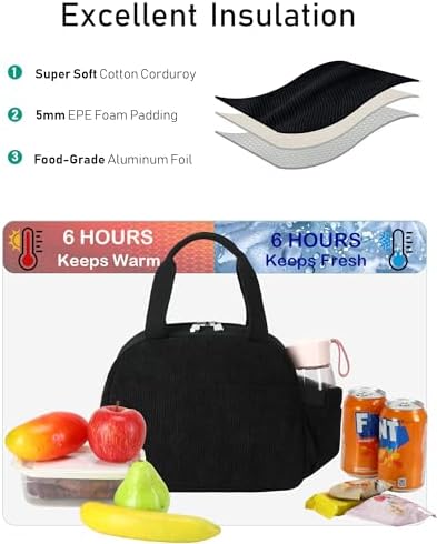 Lunch Box Lunch Bag Insulated Lunchbox Cute Reusable Lunch Tote bags for School Work Picnic for Kids Girls Women (Black)