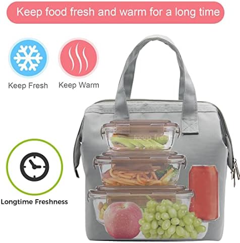 Mziart Insulated Lunch Bag Simple Cute Lunch Box for Women Men, Grey, Small